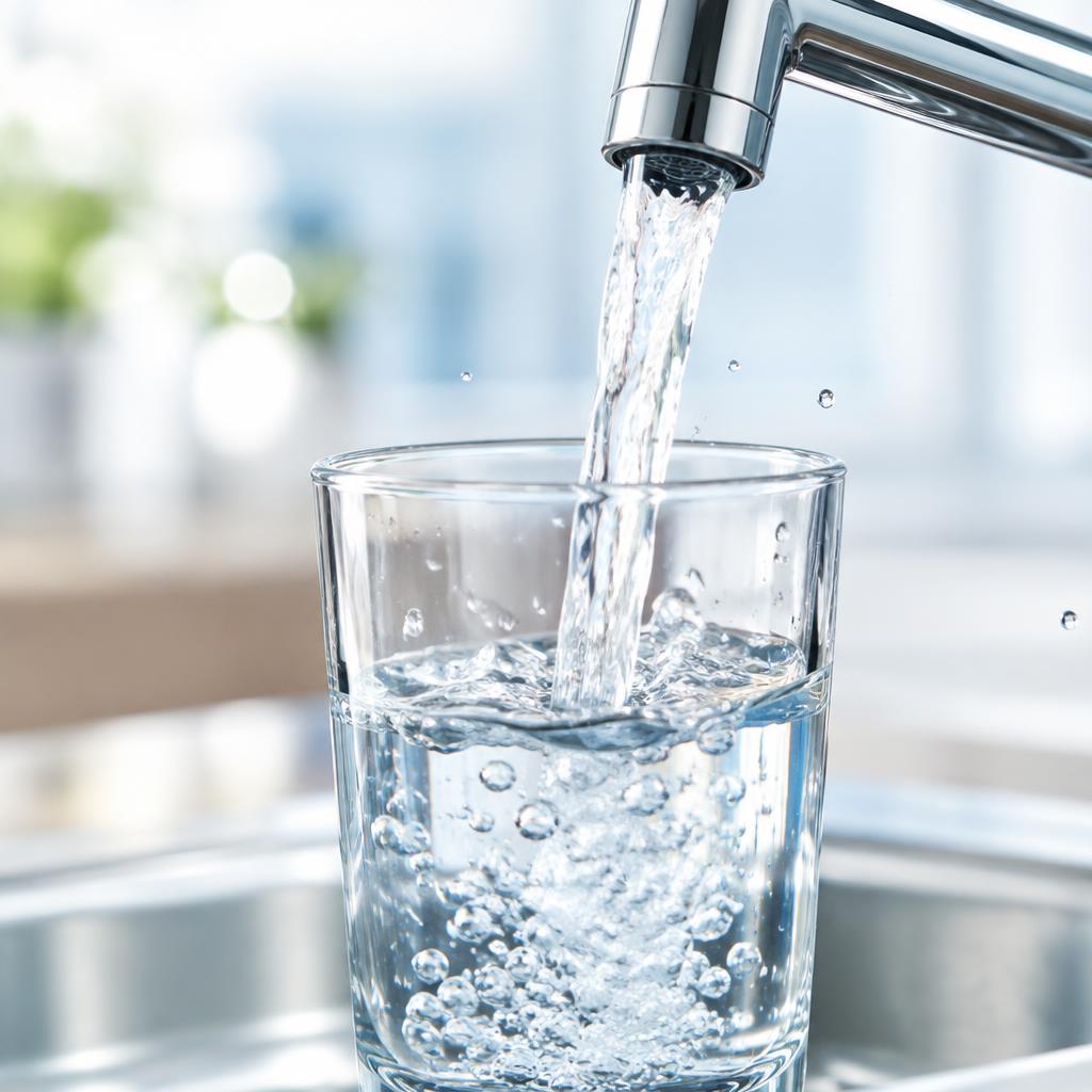 Bicchiere d'acqua cristallina versato dal rubinetto